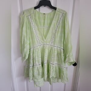 Free People Women’s Green Boho Peasant Crochet Lace Trim V-Neck Tunic Dress Med